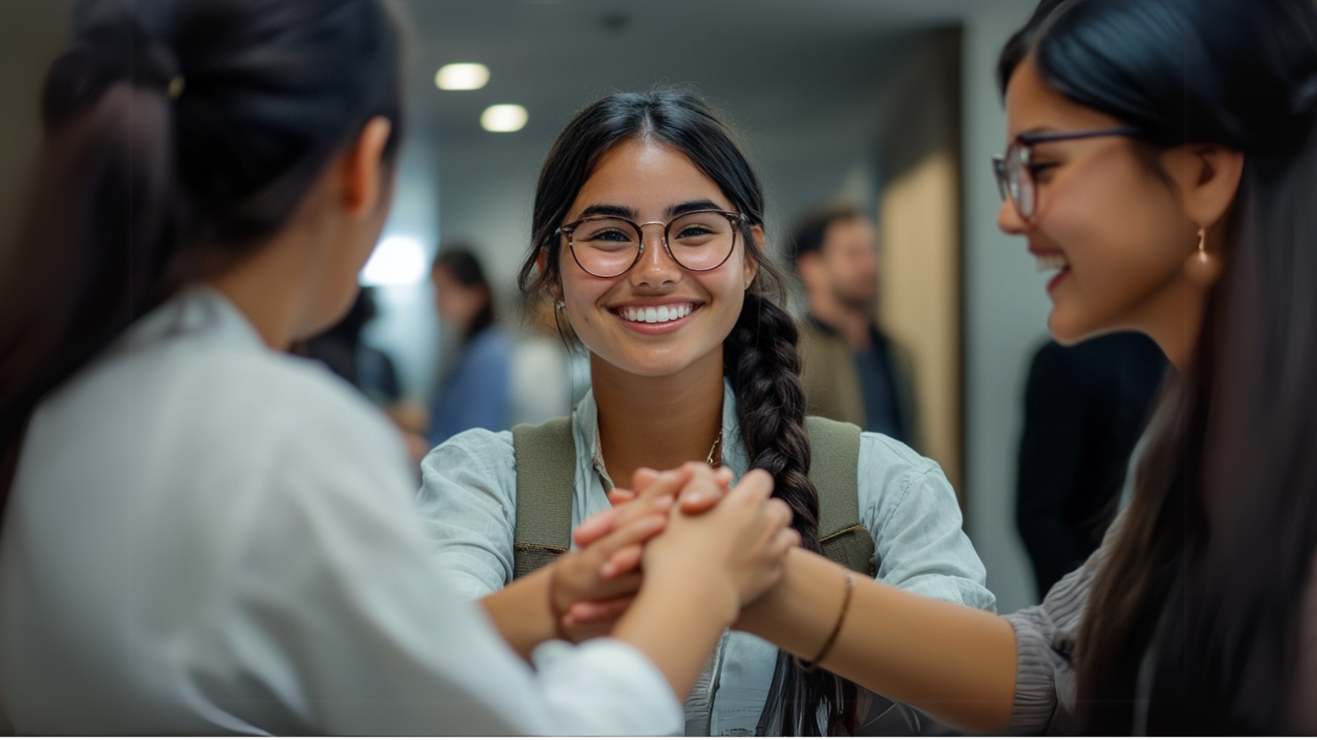 Studenten voeren een gesprek terwijl ze elkaar de hand schudden