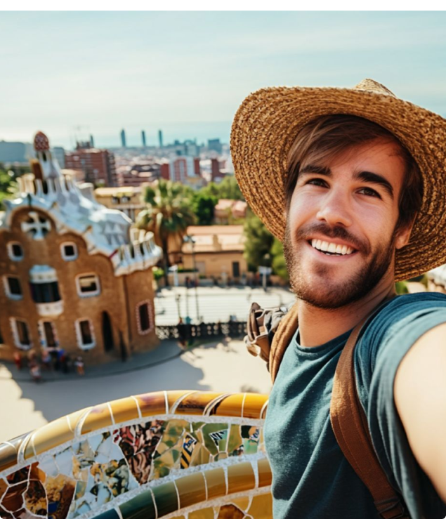 Student maakt een selfie in een nieuwe stad