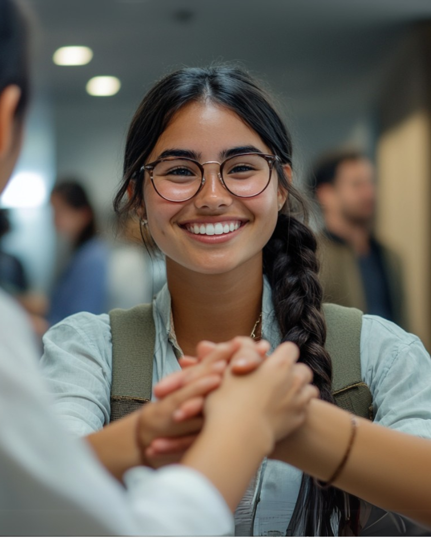 Student kijkt in de camera terwijl hij de hand schudt met collega's